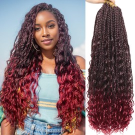 Eeanno Goddess Box Braids Crochet Hair 24 Inch 7 Packs Ombre Burgundy Boho Crochet Braids for Women Pre Looped Crochet Box Braids with Curly Ends (24 Inch, TIB/BUG#)