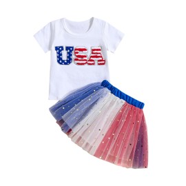Ayalinggo Toddler 4th of July Outfit Girl Baby Kids Embroidery USA T-shirt Top Tutu Skirts Set Memorial Day Dress USA Tutu Set 3-4T