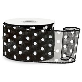 Black with White Polka Dots Sheer Wired Ribbon - 2-1/2in. X 25 Yards - 2 Spools