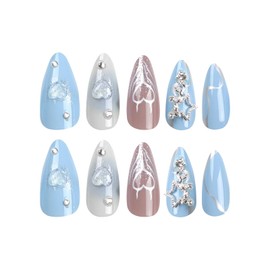 Blue Almond Press on Nails Medium Fake Nails with Love Star Charm Designs Glitter Glue on Nails Glossy False Nails Press ons Blue Full Cover Stick on Nails for Women 24 Pcs