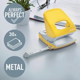 Leitz Hole Punch, 30 Sheets, Guide Bar with Format Markings, Metal, WOW Range, 50081016 - Yellow