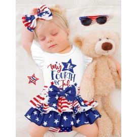 ADIFUN Baby Girl 4th of July Outfit 9-12 Months infant My 1st Fourth of July Baby Girl Outfit White Ruffled Short Sleeve Stars Stripes Skirt Pants Bandana 3Pcs Sets