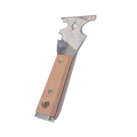 Stainless steel paint tool with wooden handle and metal hammer end, putty knife, scraper, drum cleaner, wallpaper scraper, bottle opener