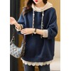 NEKORA Women's Hoodie, Pullover, Hooded, Lace, Top, Faux Pearl, navy