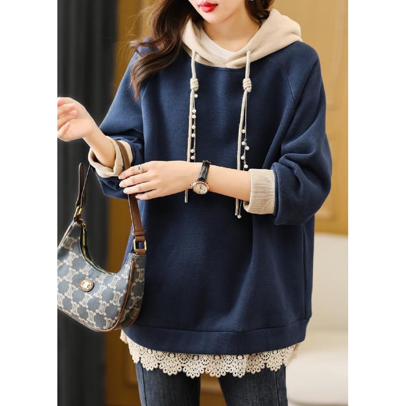 NEKORA Women's Hoodie, Pullover, Hooded, Lace, Top, Faux Pearl, navy