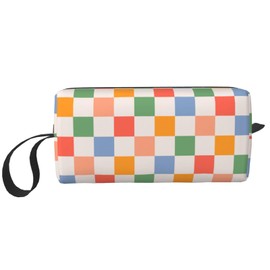JKJOJIA Retro Checkered Vintage 60s 70s Makeup Bag Organizer Small Cosmetic Bags Portable Travel Toiletry Bag With Handle Simple Accessories Storage Zipper Pouch For Women Girl