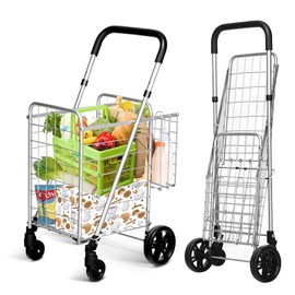 IRONMAX Grocery Shopping Cart, Foldable Heavy Duty Utility Cart w/Adjustable Handle, Extra Basket & 360° Rolling Swivel Wheels, Lightweight Trolley Cart for Grocery Laundry Luggage (Sliver)