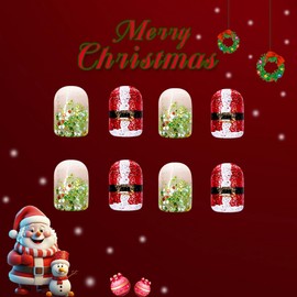 BABALAL Christmas Press on Nails Short Square Fake Nails Red Glue on Nails Green Mistletoe Glitter Bling Acrylic Nails Santa Claus False Nails 24Pcs Squoval Xmas Decoration Manicure Stick on Nails