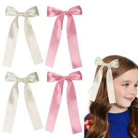 4 Pack Hair Bows for Girls, Hair Clips Hair Ribbons for Women, Satin Bow Hair Clips for Toddlers(Beige, Pink)