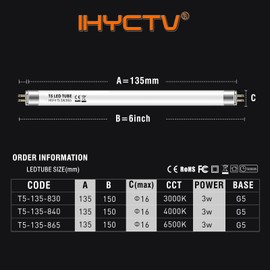 IHYCTV 3W T5 LED Tube 6 inch 390lm 6500K Daylight, F4T5/DL Replacement, Ballast Compatible, G5 Mini Bi-Pin, Replace 4W Energy-Saving Fluorescent F4T5, Frosted, 1 Piece