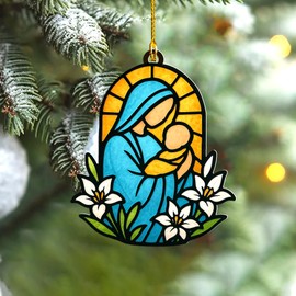 Virgin Mary and Baby Jesus Ornament – Acrylic Christmas Ornament Hanging – Christian Tree Decoration for Catholic Families – Holy Mother and Child Religious Gift for Spiritual Holiday Decor (Sun-42)