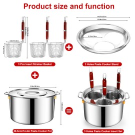 Pasta Cooker Insert Set Stainless Steel Pasta Pot With Strainer Basket Multipots Cooking Tool For Noodles Dumplings Pasta For Home Kitchen Restaurant,3 Holes