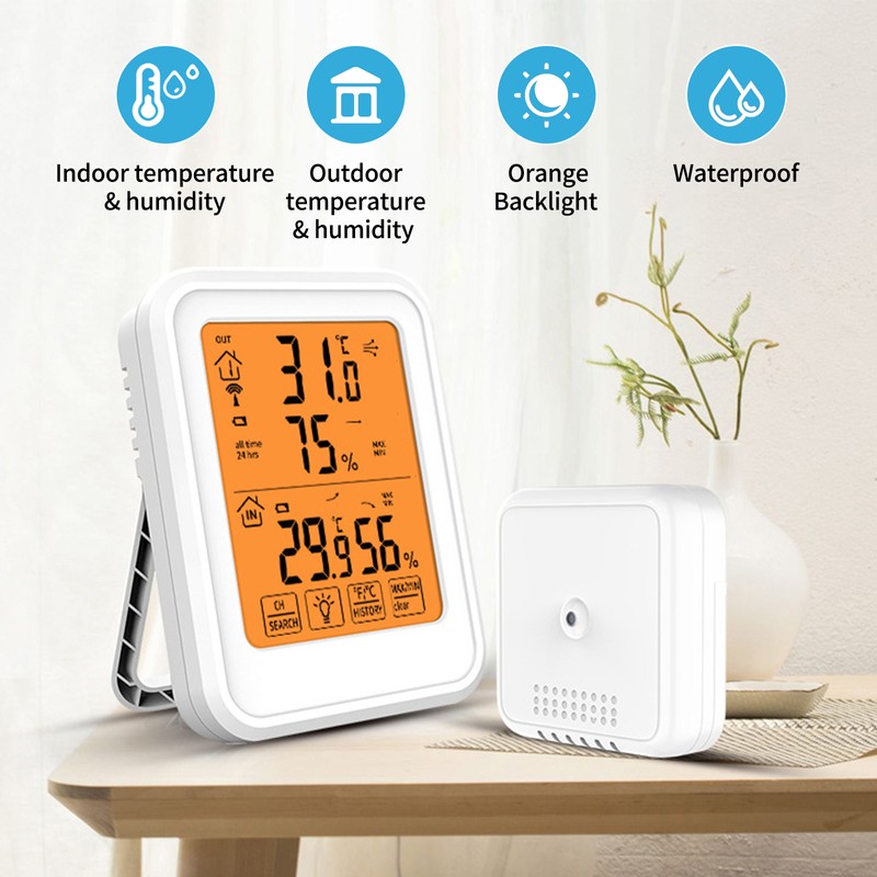 Indoor & Outdoor Hygrometer Thermometer with Orange Backlight LCD Display