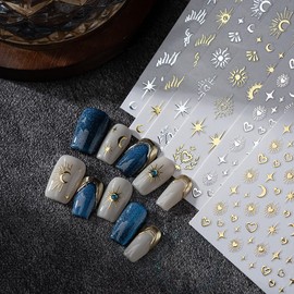 6 Sheets Star Moon Nail Art Stickers Metallic Nails Stickers 3D Self Adhesive Nail Decals Gold Silver Star Moon Sun Heart Designs French Nails Art Supplies for Women DIY Manicure Decoration