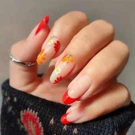 24Pcs Press on Nails Sunflower Long Almond Fake Nails Orange False Nails Glossy Ballerina Clip on Nails Full Cover Fake Nails for Women and Girls (Sunflower False Nails)