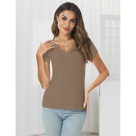 AKEWEI Summer Basics for Women Tee Shirts Womens Cute Short Sleeve Tops for Women V Neck Womens Tops Tunic Tops Fashion Tops 2024 Khaki L