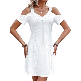 Womens 2025 Off Shoulder V Neck Dress Short Sleeve Hollow Out Lace Mini Elegant Summer Dresses White