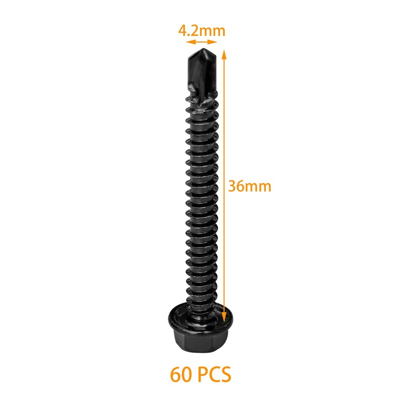 60 PCS Hex Head Self-Tapping Screws for Metal,Black 410 Stainless