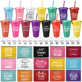 Pickmesh 15 Sets Employee Appreciation Gifts Multi Color 24 oz Plastic Travel Tumbler with Inspirational Canvas Bag and Keychain Thank You Gift for Christmas Coworker Team Nurse Teacher(Fresh)