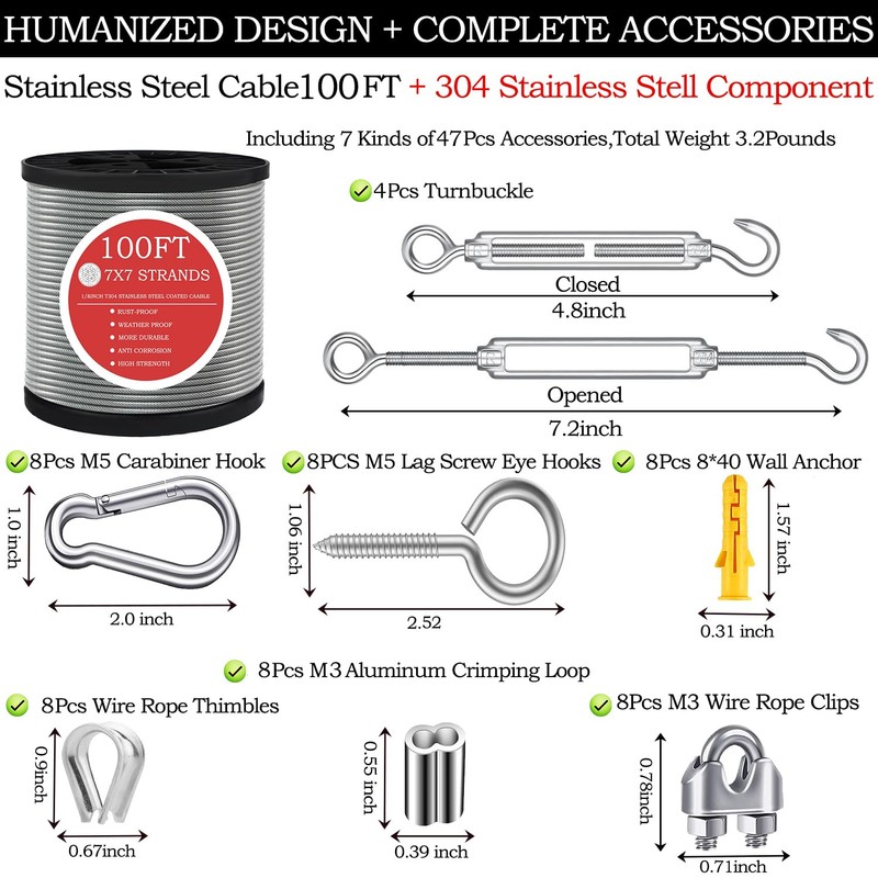 GZFTMKOBNS Wire Rope,1/8"Steel Cable,100FT Stainless Steel Cable,M5 Turnbuckle for Cable