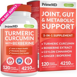 5-in-1 Organic Turmeric Curcumin Supplement (4210mg) with Berberine, Ceylon Cinnamon Bioperine and Ginger Supplements for Joint, Heart, Gut, & Metabolic Support (120 ct)