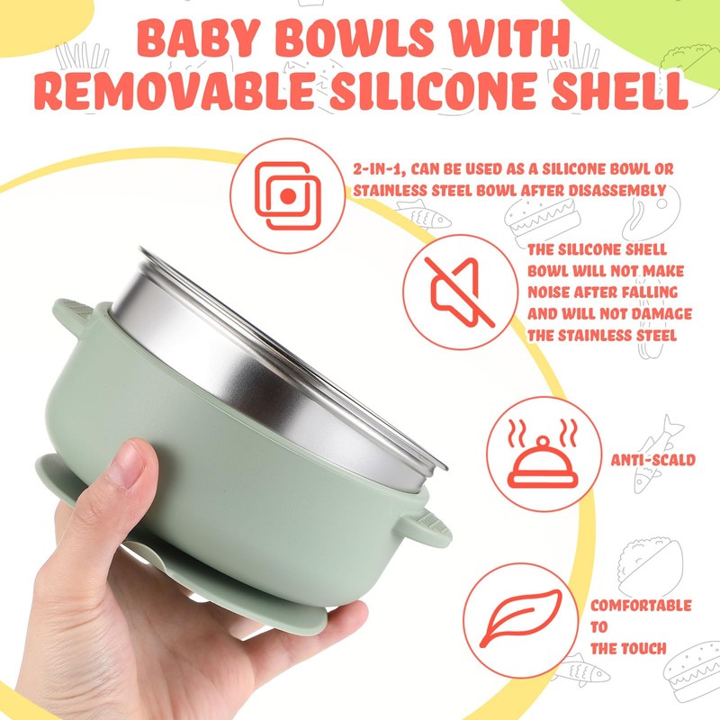 Nuogo 6 Pcs Stainless Steel Baby Bowls with Removable Silicone