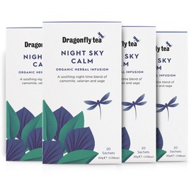 Dragonfly Night Sky Calm Tea | Pack of 4 x 20 Organic Tea Bags (80 Teabags) | Herbal Tea Bags | Night Time Tea | Sleep Tea Bags | Camomile Tea Bags | Caffeine-Free Tea | Compostable Tea Bags