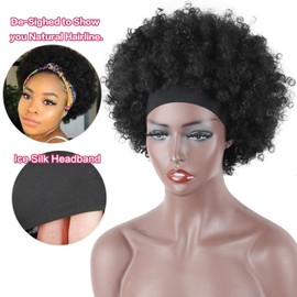 LEOSA Afro Headband Wig Short Afro Kinky Curly Wigs for Black Women,Natural Black Glueless Afro Wigs with headbands attached Afro Curly Headband Wigs Synthetic Afro Scarf Wigs for Womens Afro Wigs