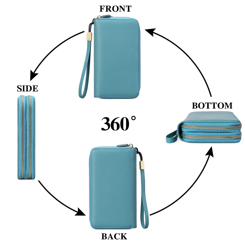 SENDEFN RFID Blocking Leather Zip Around Large Wallet for Women