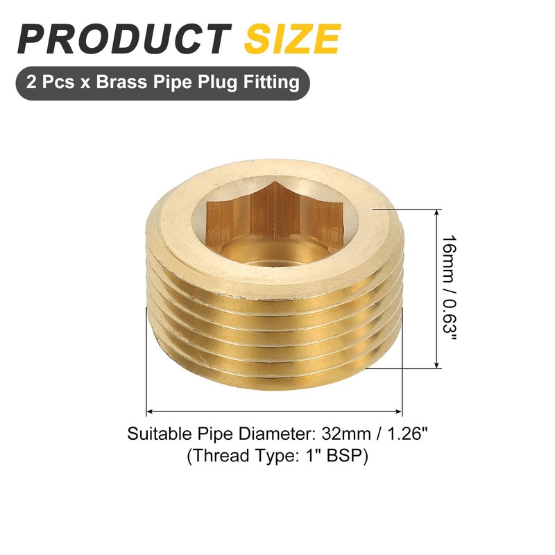 sourcing map 2Pcs Brass Pipe Plug Fitting, 1" BSP Male