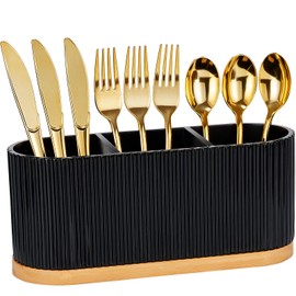 Countertop Silverware Holder, Silverware Caddy Organizer Holder for Forks, Spoons, Knives, Cutlery Caddy with 3 Compartments, Kitchen Utensil Holder for Party, Countertop, Black