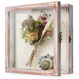 TJ.MOREE Flowers Shadow Box Display Case 12 x 12 Shadow Box Frame with Glass Window Door Farmhouse Picture Frame Wedding Bouquet Memorabilia Photos Memory Box for Keepsakes - White Pink