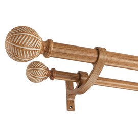 Mayrhyme Wood Double Curtain Rods Set for Windows 72 to 144 Inches (6 to 12 ft), Adjustable Heavy Duty Dual Drapery Rods,1 Inch Boho Rustic Decorative Design with Imitation Wood Grain Leaf Finials