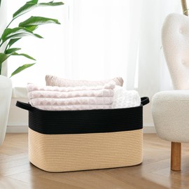 Goodpick Large Woven Storage Basket, 21.6" x 14.9" x 11.8" Rectangle Cotton Rope Laundry Basket with Handles, Baby Toy Blanket Storage for Living Room, Bedroom