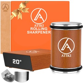 ATIKI Rolling Knife Sharpener with Finger Guard, Diamond & Ceramic Discs, 15°/20° Magnetic Angles & Leather Strop, Professional Knife Sharpening Kit for Dull Knives