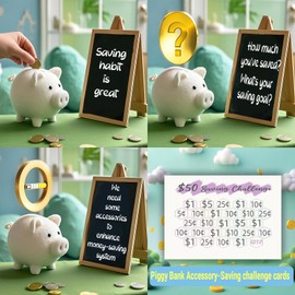 Piggy Bank Money Goal Tracker,Saving Sheet,Piggy Bank Accessory-Financial Education Journal, Companion for Piggy Bank-Saving Challenge Card, Teaching Money Tool, 16 pcs with Wooden Stand-Normal Mode