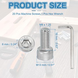 PATIKIL 20 Pcs M8 x 16mm Hex Socket Head Cap Screws Bolts, 304 Stainless Steel Socket Drive Machine Screws with Hex Wrench, Full Threads