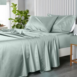 Royal Hotel Bedding Solid Sea 600-Thread-Count 4pc Queen Bed Sheet Set 100% Cotton, Sateen Solid, Deep Pocket
