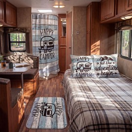 Tranqun 4 Pcs Camper Rv Decor Set Waterproof Camping Shower Curtain, Non-Slip Rug, 2 18"x18" Throw Pillow Covers, Rustic Wood Farmhouse Adventure Gifts for Campers Essential Rv Accessories
