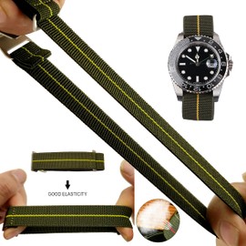 Nice Pies Man's French Troops Military Parachute Watchband Special Elastic Fabric Nylon Canvas Strap Hook Buckle 20/21/22mm Multiple Color Options (21mm, 2 Green+Yellow)