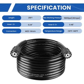 Pressure Washer Hose, 25 FT, 5800PSI, M22-14mm Female Thread, 7.6M Kink Resistant Replacement Power Washer Hose for Most Brands