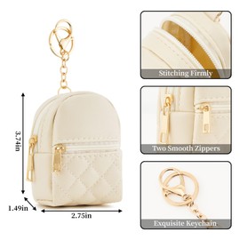 WOZEAH Mini Backpack Keychain for Women,Small PU Leather Coin Purse with Zipper for Key Card Lipstick Headset Cute Cosmetics Bag（P Beige）