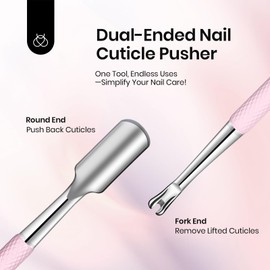 Beetles Cuticle Pusher Dual Ended Cuticle Remover with Round End Push Back Cuticles Fork End Remove Lifted Cuticles Nail Prep Tool Stainless Steel Pink Two in One Dead Skin Nail Scraper