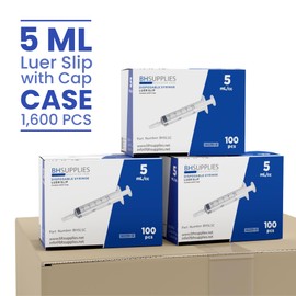 Bulk Case: BH Supplies 5mL Sterile Luer Slip Syringe - Individually Wrapped (1600 Syringes, 16 Boxes of 100 Units