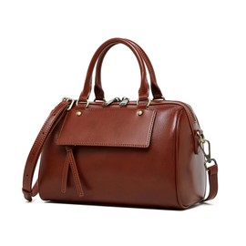 MFFOR Women's Boston Bag, Shoulder Bag, Genuine Leather, 2-Way Handbag, Crossbody Bag, Soft, Stylish, Large Capacity, Simple, Casual, Popular, Commuting to Work, sepia