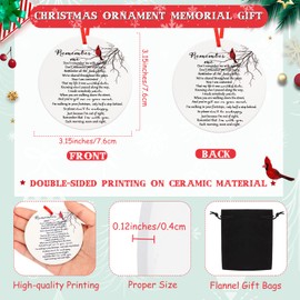 Christmas Sympathy Ornament Memorial Gift Cardinal Sign Remember Me Ornament Flat Round Ceramic Xmas Tree Ornament Memorial Quote Keepsake Decor with Red Ribbon for Bereavement Xmas Gift (3 Pieces)