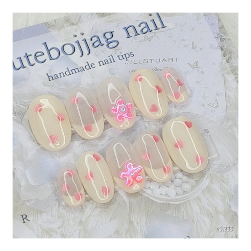 Milky Heart Handmade Nail Tips - Oval L / 밀키