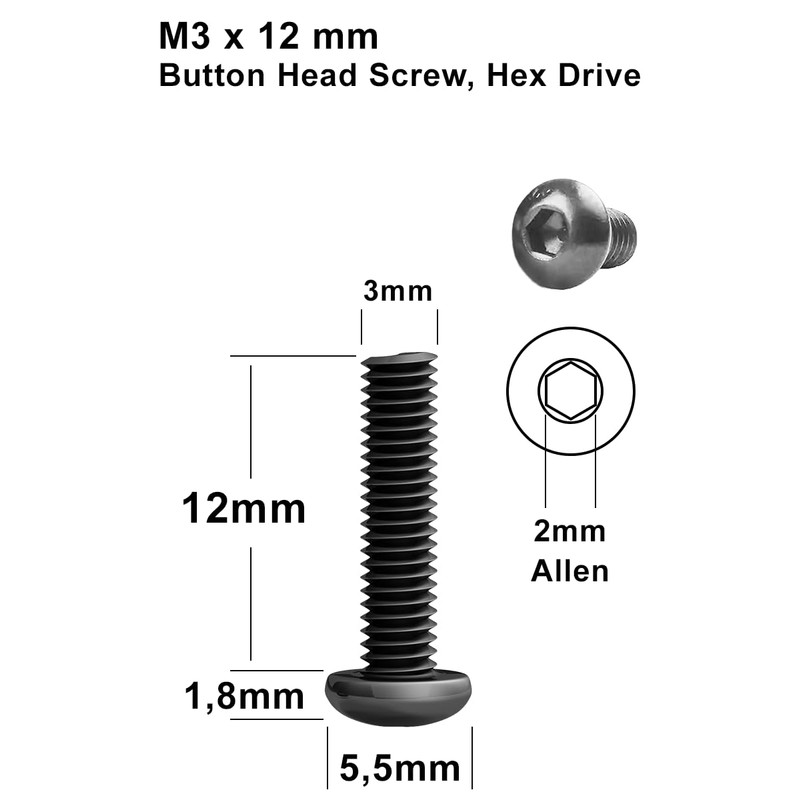 200pcs M3x12mm Black Round Head Hex Socket Key Bolts Alloy
