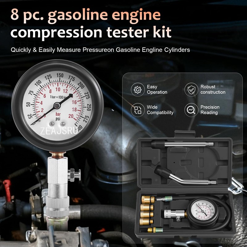 ZEAJSRU Engine Compression Tester Kit 8PCS, 0-300 PSI Cylinder Pressure