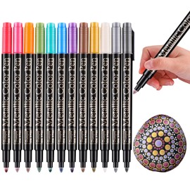 Sunshilor Metallic Marker Pens, 12 Colors Medium Point Metallic Pens Paint Markers for Black Paper, Rock Painting, Card Making, DIY Photo Album, Scrapbook Crafts, Metal, Wood, Ceramic, Glass